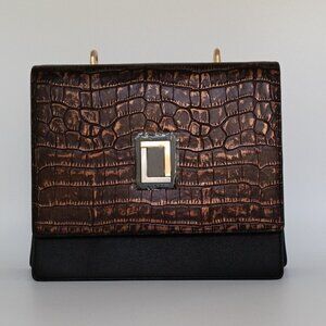 Marianna Satchel Natural Croc/Ebony Leather Handbag Luana Italy NWT